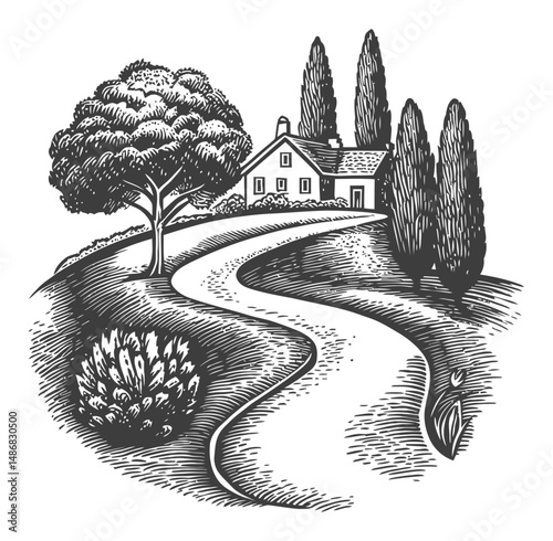 Artistic Black and White Vector Drawing of Scenic Rural Landscape