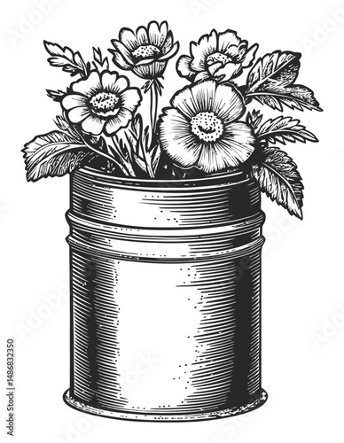 Vintage Vector Illustration of Flowers in a Metal Canister