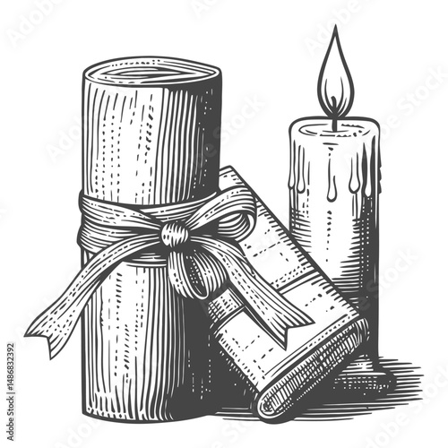 Vintage Candle and Scroll Vector Drawing for Artistic Use