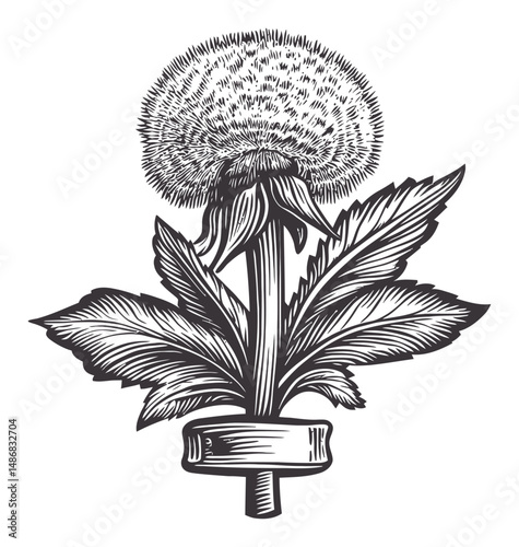 Detailed Vector Drawing of a Stylized Flower with Leaves and Stem