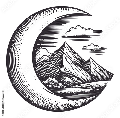 Moon and Mountain Landscape Vintage Vector Drawing Illustration