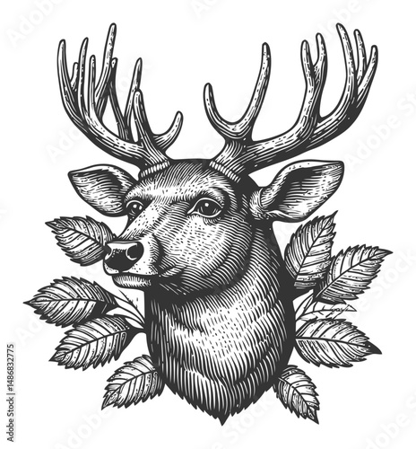 Detailed Vector Drawing of a Stag Head Surrounded by Leaves