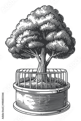 Vintage Style Vector Drawing of a Tree in a Decorative Pot