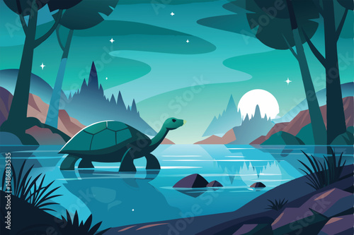 Majestic Silhouette of a Giant Tortoise Swimming in Mystic Waters