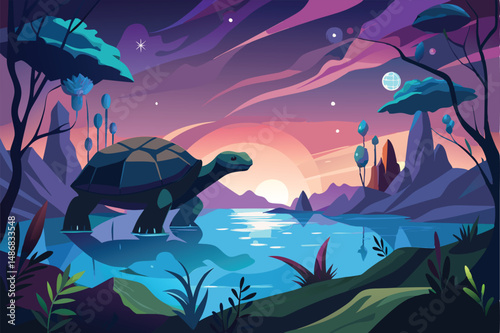 Enigmatic Silhouette of a Giant Tortoise Gliding Through Mystical Waters