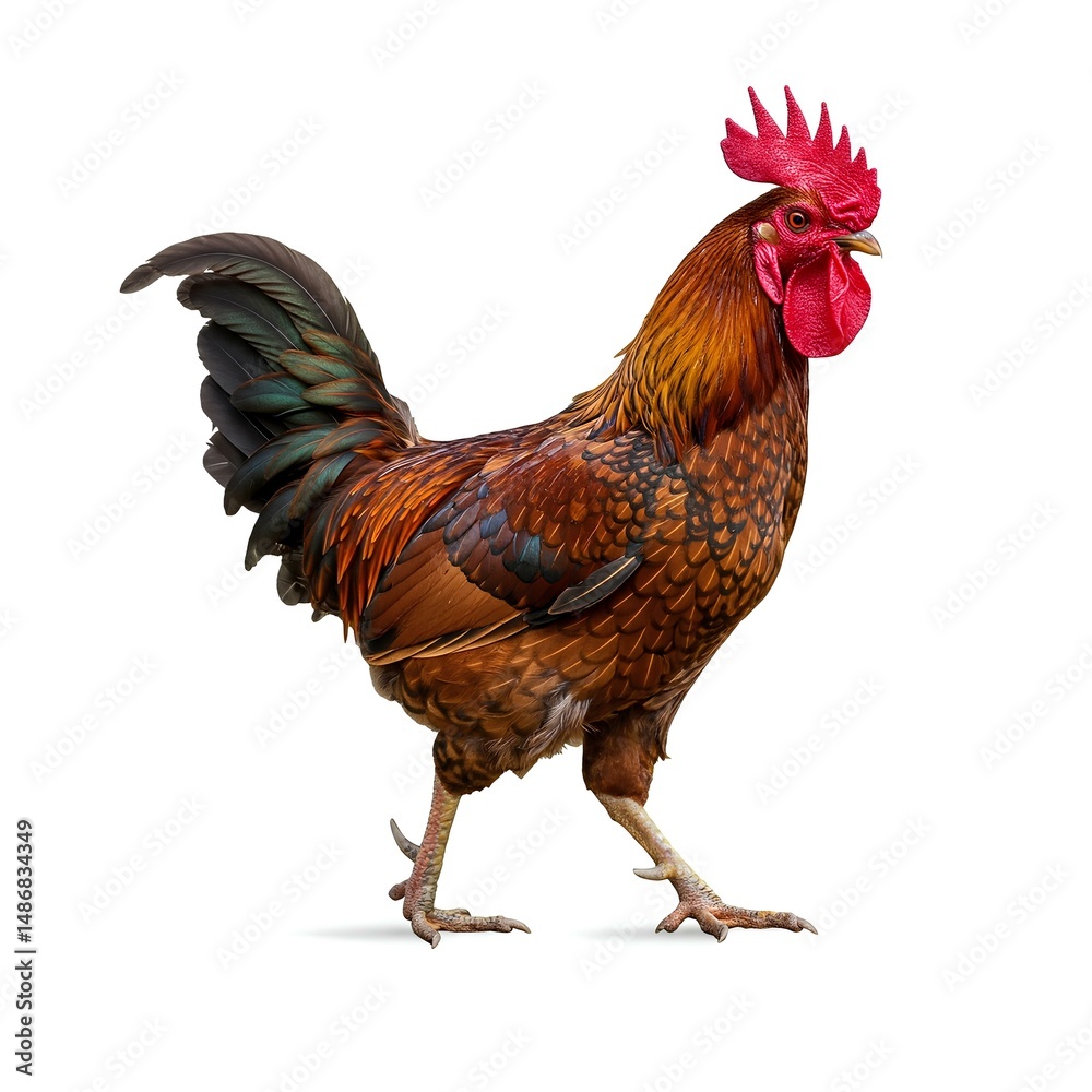Fototapeta premium Brown Rooster Walking with Red Comb and Iridescent Tail Feathers 