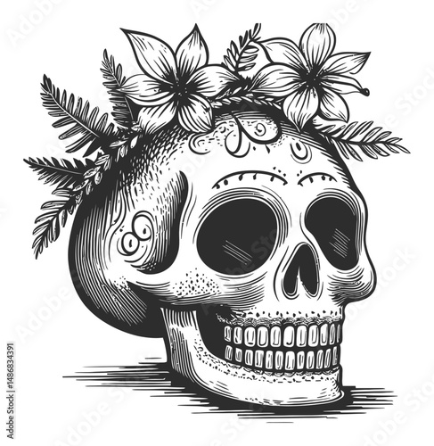 Intricate Vector Drawing of Skull with Floral Decoration in Black and White