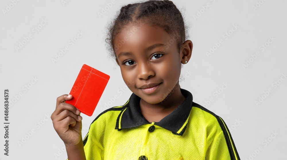 Cheerful girl referee showing red card in professional yellow outfit under studio lights, referee niche Image 4K UHD Cheerful girl referee showing red card in professional yellow outfit under studio lights, referee niche Image 4K UHD