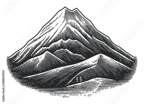 Black and White Vector Drawing of a Mountain Range with Detailed Lines