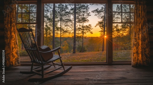 Rustic rocking chair by window, sunset view