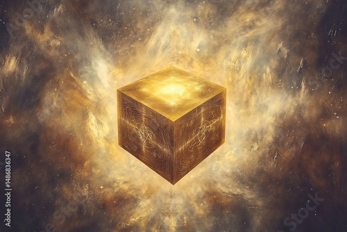 Mysterious glowing cube hovering center of the multiverse symbols rotating on surface like ancient puzzle