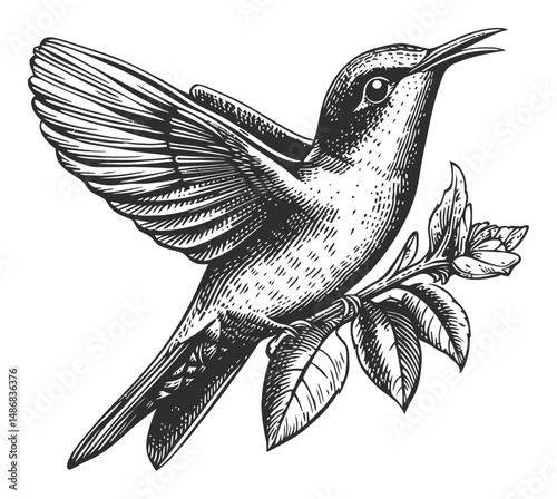 Detailed Vintage Vector Drawing of a Hummingbird on a Branch