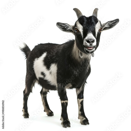 Front View of a black and White Goat Chewing Grass
