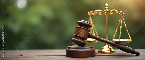 Illustration of a wooden gavel and golden scale representing law emphasizing international environmental concepts corporate industry environmental regulation and sustainable environment concept as Ill