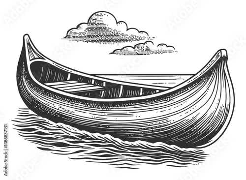 Detailed Vintage Vector Drawing of a Canoe on Water with Clouds