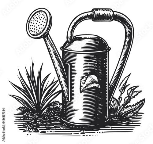 Vintage Watering Can Illustration in Black and White Vector Art