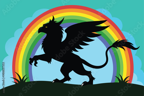 Majestic Griffin Silhouetted Against a Rainbow's Embrace