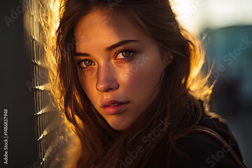 Street fashion portrait in soft golden hour light, natural look, high contrast background