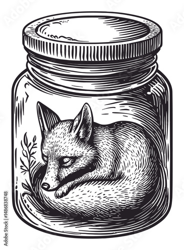 Detailed Hand-Drawn Vector Art of a Fox Inside a Glass Jar