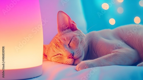 A serene scene featuring a sleeping white cat beside a colorful lamp, evoking a sense of tranquility and comfort in a cozy atmosphere.