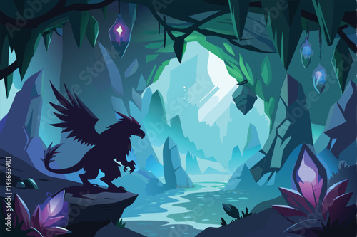 Mysterious Griffin's Exploration in the Enchanted Cave's Embrace