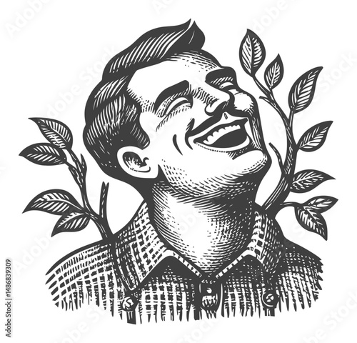 Vintage Vector Illustration of Joyful Man Surrounded by Leaves