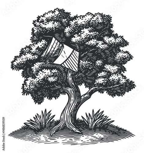 Detailed Hand-Drawn Vector Illustration of a Tree with Birdhouse