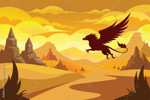Majestic Griffin Soaring over a Desert of Golden Sands at Dawn