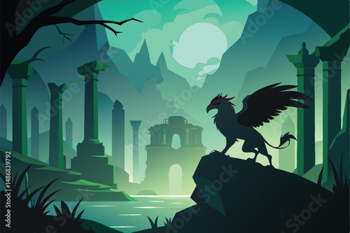 Ancient Griffin's Shadowy Exploration of a Ruined Temple