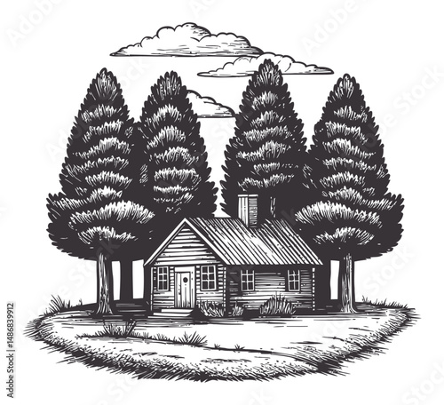 Rustic Cabin Surrounded by Trees in Detailed Black and White Vector Drawing
