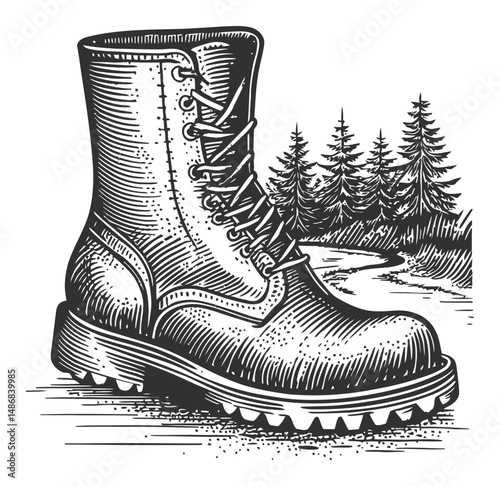 Detailed Hand-Drawn Illustration of Hiking Boot with Scenic Background