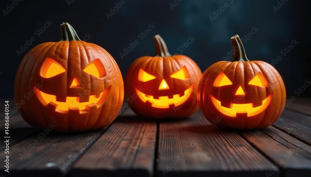 Obraz premium Spooky carved pumpkins on a rustic wooden surface, glowing from within , autumn background, jackolantern, harvest