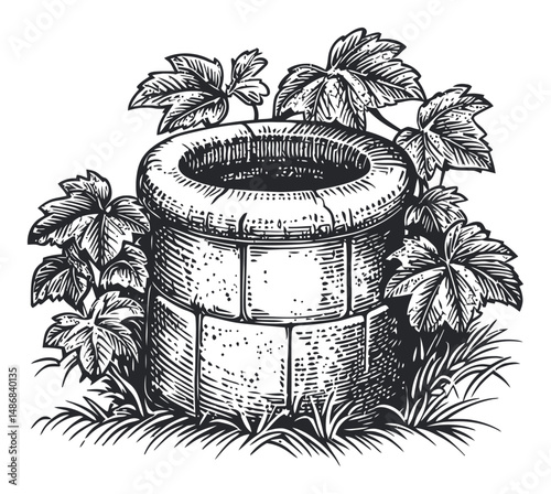 Vintage Vector Drawing of a Stone Well Surrounded by Ivy Leaves