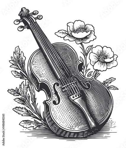Elegant Vintage Violin Surrounded by Delicate Floral Elements