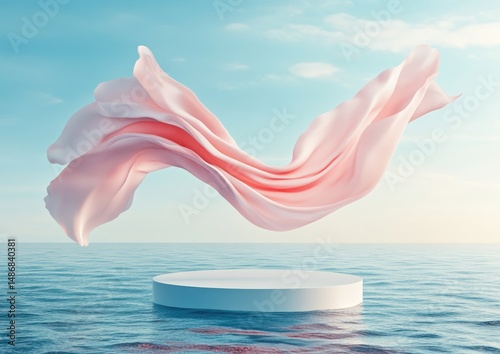 Flowing pink fabric above a white platform on calm ocean