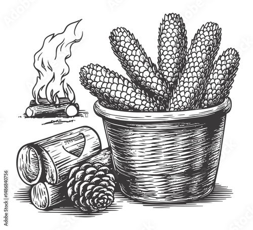 Vintage Vector Drawing of Pine Cones in a Pot with Campfire Scene