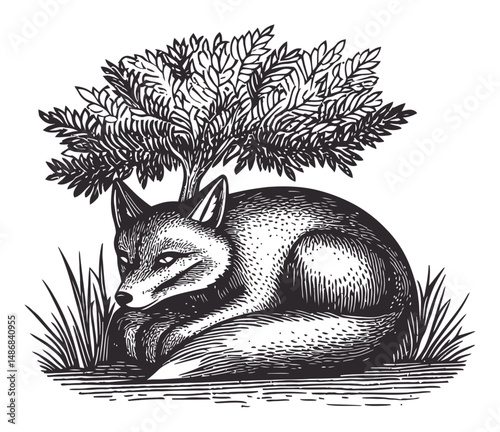 Detailed Vector Drawing of a Fox Under a Leafy Tree Illustration
