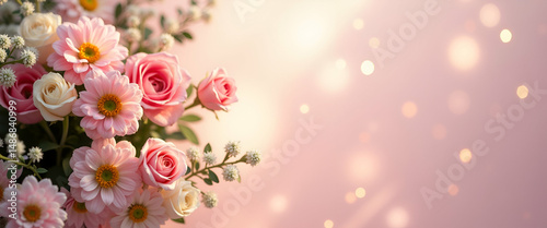 Sophisticated Mother's Day Background: Elegant Floral Arrangements & Soft Lighting for Heartfelt Celebrations - Photo Stock Concept with Empty Space