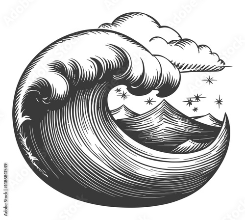 Engraved Wave Illustration with Stylized Clouds and Mountain Background