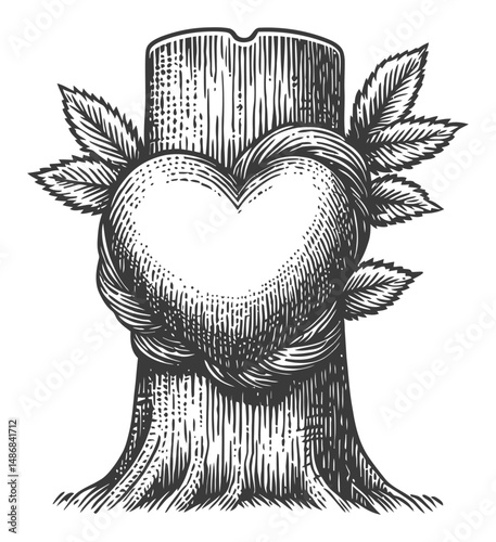 Heart Shaped Design on Tree Trunk with Leaves and Rope Detail