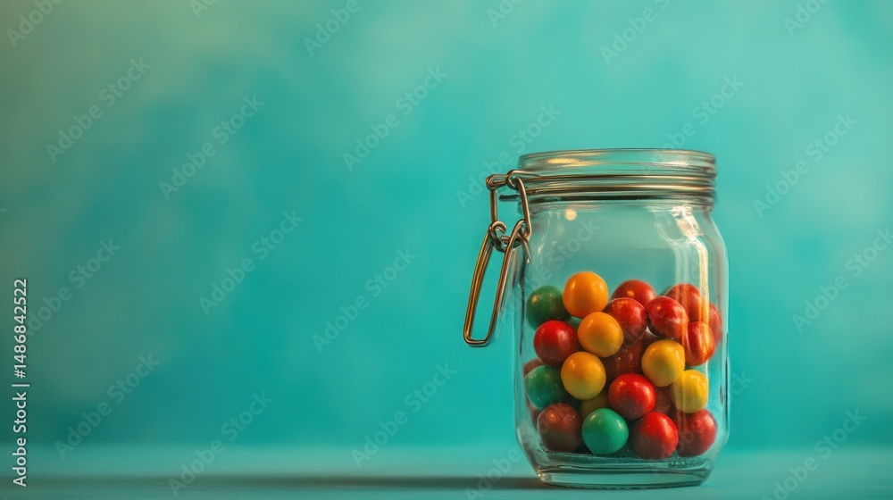 Colorful gumballs in glass jar teal background sweet treats Colorful gumballs in glass jar teal background sweet treats
