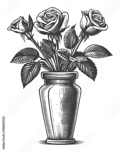 Elegant Black and White Vector Drawing of Roses in a Vase