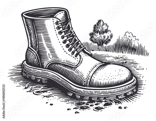 Detailed Vector Drawing of Classic Leather Boot on Ground Surface