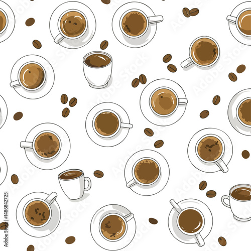 A delightful seamless pattern of coffee cups, saucers, and coffee beans creates a warm and inviting feel.