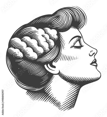 Vintage Vector Illustration of a Woman's Profile with Elegant Hair Design