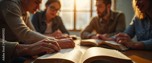 Christian Bible Study Concepts. Christian friends groups read and study the Bible together in a home with window light. Followers are studying the word of God in churches. concept as A group of Christ