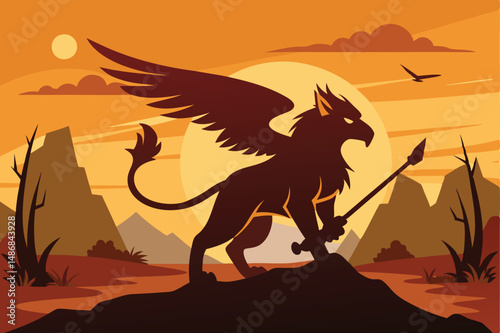 Silhouette of a Mythical Griffin Stalking its Prey in the Desolate Desert