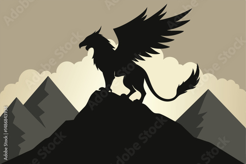 Majestic Griffin Silhouetted Against a Mountain Peak at Dusk