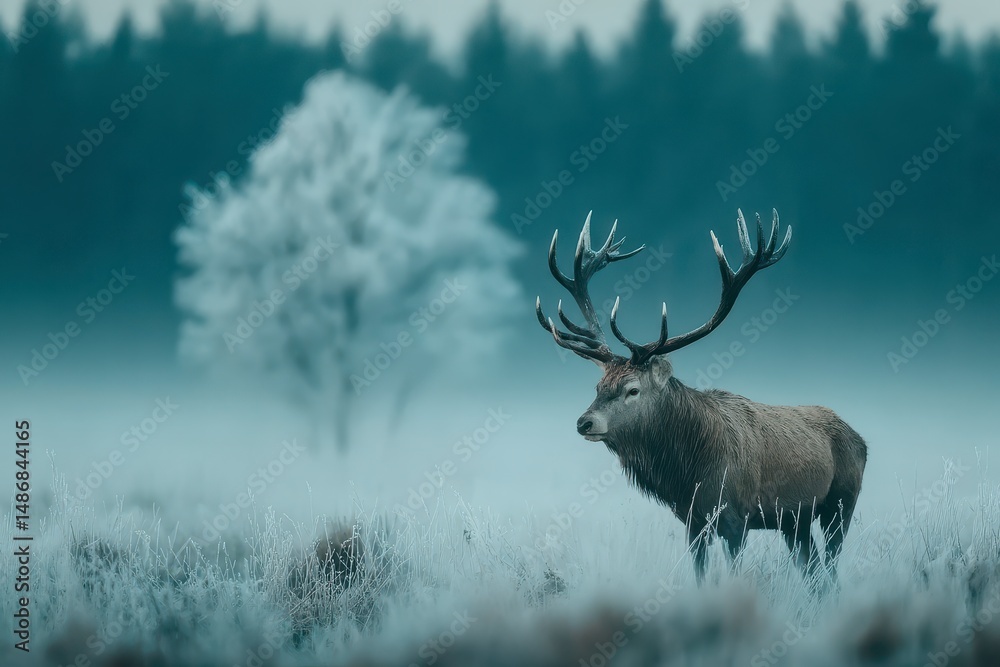 Naklejka premium Majestic Stag in Foggy Winter Forest Dawn Landscape