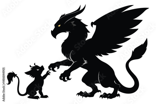 Mythical Encounter: A Majestic Griffin Bonding with a Baby Dragon